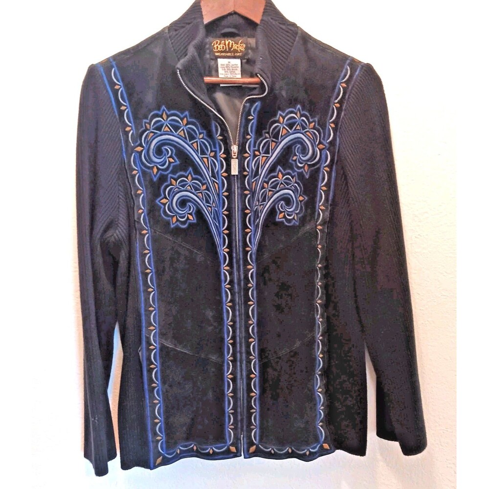 Bob Mackie Wearable Art Black Suede Leather Jacket Embroidered Knit Sleeves Sz M